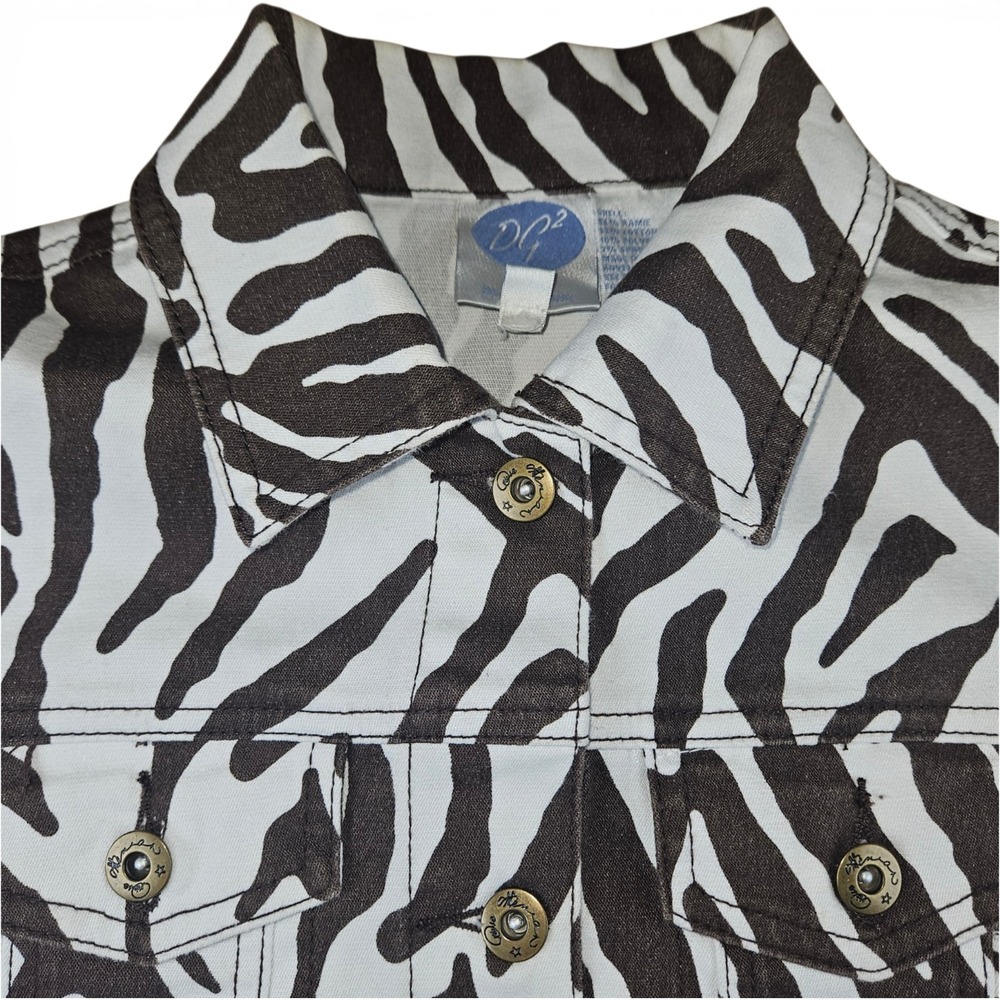 DG2 Diane Gilman Jacket XS Brown Ivory Trucker Stretch Animal Zebra Print Y2K - Picture 2 of 9